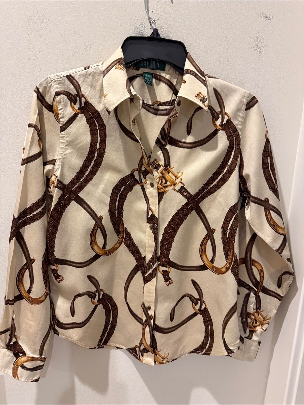 Lauren Ralph Lauren Cream Button-Down Shirt with Equestrian Gold Chain Print SP